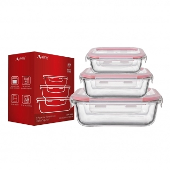 Conjunto com 3 Potes Herméticos Borosilicato Retangular com tampa 370/640/1050ml