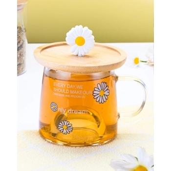 Caneca Borossilicato 3D c/ Pires/Tampa de Bambu 280ml Luva com 1 - Margarida