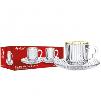 Xícara de Café de Vidro com Pires Laure Filete Dourado 80ml na Luva com 2