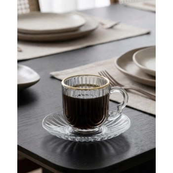 Xícara de Café de Vidro com Pires Laure Filete Dourado 80ml na Luva com 2