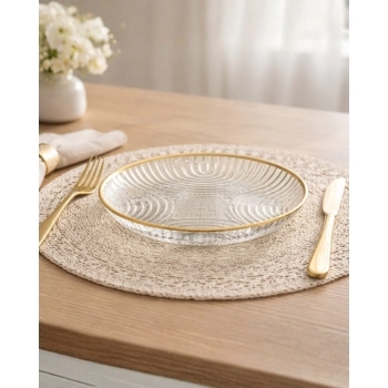 Prato de Vidro Sobremesa Laure Filete Dourado 19cm na Luva com 2