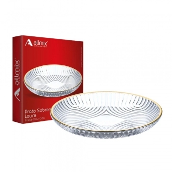 Prato de Vidro Sobremesa Laure Filete Dourado 19cm na Luva com 2