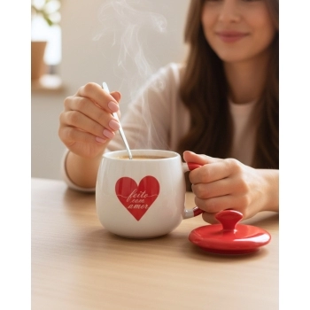 Caneca com Tampa Cerâmica Colher de Metal Love 450 ml Luva com 1 – Feito com Amor