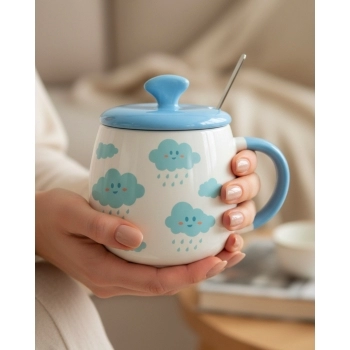 Caneca com Tampa Cerâmica Colher de Metal Fofo 450 ml Luva com 1 – Nuvem
