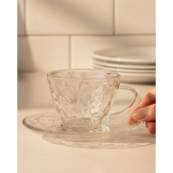 Xícara de Café com Pires de Vidro Fleur 80ml