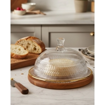 Queijeira com Tampa de Vidro Filete Dourado Spina 19cm – Luva com 1