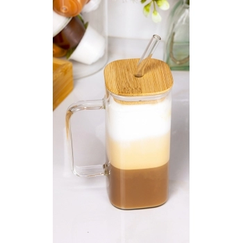Caneca Borossilicato Quadrada com Tampa de Bambu e Canudo de Vidro 380ML Luva com 1