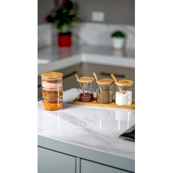 Porta Condimento Borossilicato Redondo 320ml Com Tampa Colher e Suporte De Bambu - Kit com 04