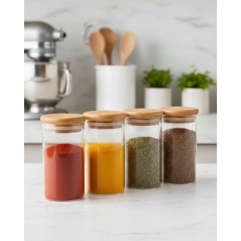 Pote Borossilicato Redondo 100ml Com Tampa Bambu - Kit com 04