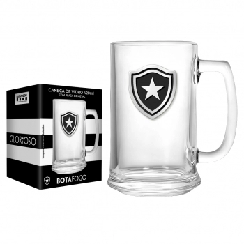 Caneca de vidro cerveja placa metal 420 ml Botafogo na luva com 1 - Juntos