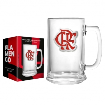 Caneca de vidro cerveja placa metal 420 ml Flamengo na luva com 1 - Pra Cima