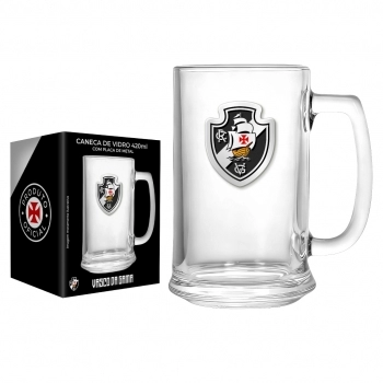 Caneca de vidro cerveja placa metal 420 ml Vasco na luva com 1 - Infinito