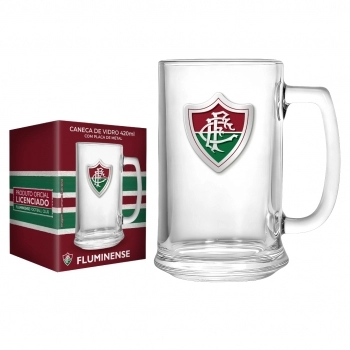 Caneca de vidro cerveja placa metal 420 ml Fluminense na luva com 1 - Sem Igual