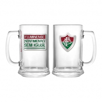Caneca de vidro cerveja placa metal 420 ml Fluminense na luva com 1 - Sem Igual