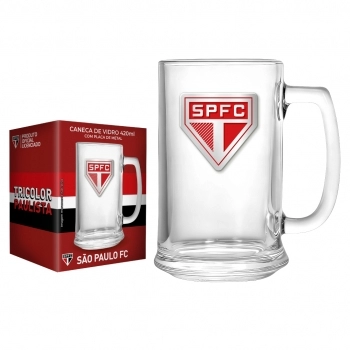 Caneca de vidro cerveja placa metal 420 ml São Paulo na luva com 1 - Te Amo