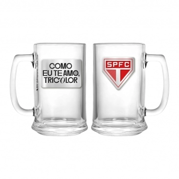 Caneca de vidro cerveja placa metal 420 ml São Paulo na luva com 1 - Te Amo