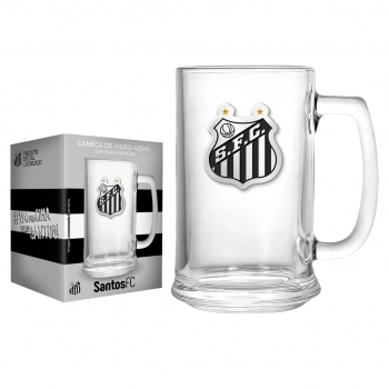 Caneca de vidro cerveja placa metal 420 ml Santos na luva com 1 - Pra Cima
