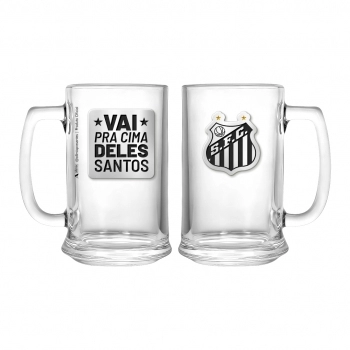 Caneca de vidro cerveja placa metal 420 ml Santos na luva com 1 - Pra Cima