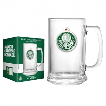 Caneca de vidro cerveja placa metal 420 ml Palmeiras na luva com 1 - Torcida