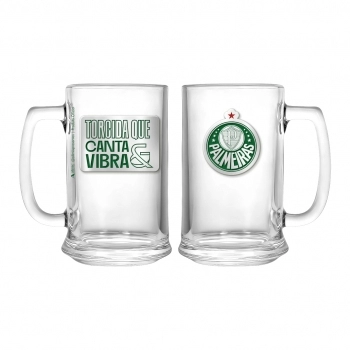 Caneca de vidro cerveja placa metal 420 ml Palmeiras na luva com 1 - Torcida