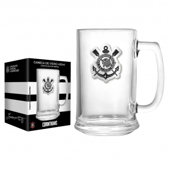Caneca de vidro cerveja placa metal 420 ml Corinthians na luva com 1 - Poderoso