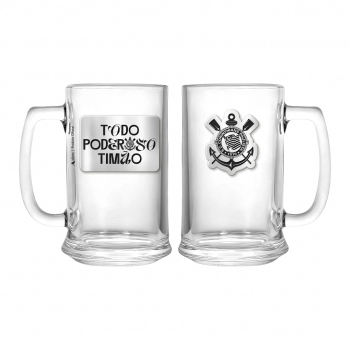 Caneca de vidro cerveja placa metal 420 ml Corinthians na luva com 1 - Poderoso
