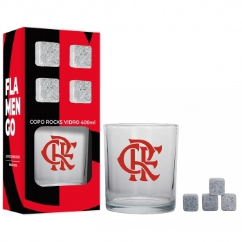 Copo de vidro rocks 400 ml com cubos de pedra Flamengo luva com 5