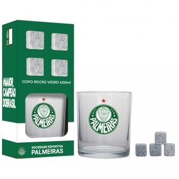 Copo de vidro rocks 400 ml com cubos de pedra Palmeiras luva com 5