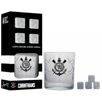 Copo de vidro rocks 400 ml com cubos de pedra Corinthians luva com 5