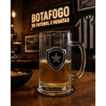Caneca de vidro cerveja placa metal 420 ml Botafogo na luva com 1 - Juntos