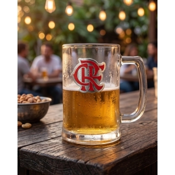 Caneca de vidro cerveja placa metal 420 ml Flamengo na luva com 1 - Pra Cima