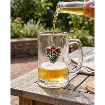 Caneca de vidro cerveja placa metal 420 ml Fluminense na luva com 1 - Sem Igual
