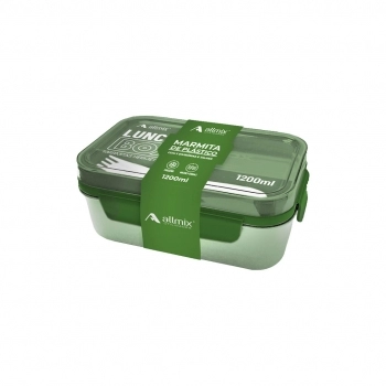 Marmita de plástico retangular prática com 3 divisórias e talher 1200 ml - Verde