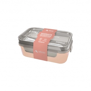 Marmita de plástico retangular prática com 3 divisórias e talher 1200 ml - Rosa