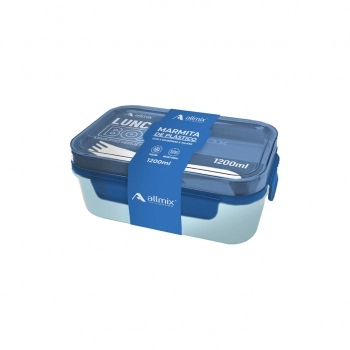 Marmita de plástico retangular prática com 3 divisórias e talher 1200 ml - Azul