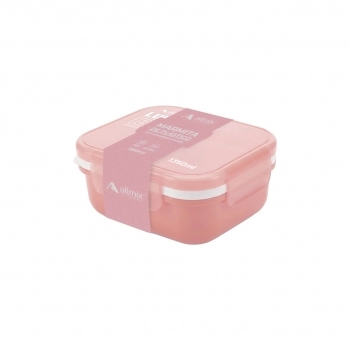 Marmita de plástico quadrada prática com 3 divisórias e talher 1350 ml - Rosa