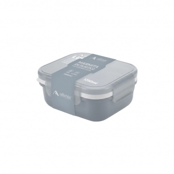 Marmita de plástico quadrada prática com 3 divisórias e talher 1350 ml - Cinza