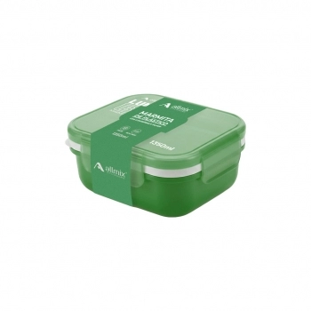 Marmita de Plástico Quadrada Prática com 3 Divisórias e Talher 1350 ml - Verde