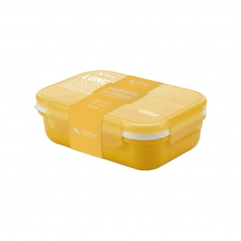 Marmita de plástico retangular prática com 3 divisórias e talher 1350 ml - Amarelo