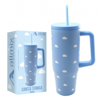 Caneca Térmica Inox com Tampa e Canudo 900 ml luva com 1 - Nuvem