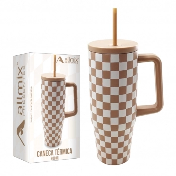 Caneca Térmica Inox com Tampa e Canudo 900 ml luva com 1 - Xadrez