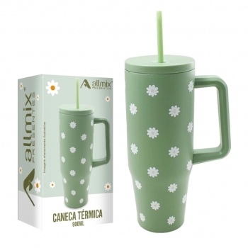Caneca Térmica Inox com Tampa e Canudo 900 ml luva com 1 - Flor