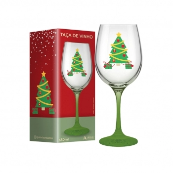 Taça Vinho de Vidro Natal 450 ml luva com 01 - HoHoHo Árvore