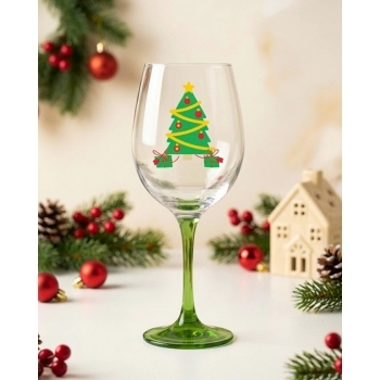 Taça Vinho de Vidro Natal 450 ml luva com 01 - HoHoHo Árvore