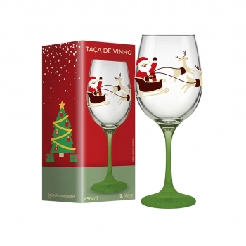 Taça Vinho de Vidro Natal 450 ml luva com 01 - HoHoHo Trenó