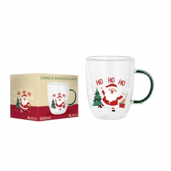 Caneca Borossilicato Parede Dupla 350 ml Luva com 1 - Ho Ho Ho Natal