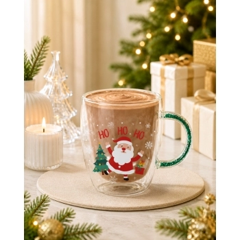 Caneca Borossilicato Parede Dupla 350 ml Luva com 1 - Ho Ho Ho Natal