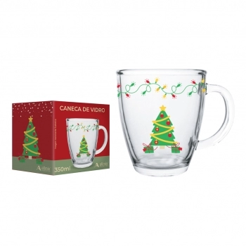 Caneca Cônica de Vidro Natal 350 ml luva com 1 - Ho Ho Ho Árvore