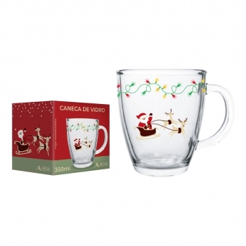 Caneca Cônica de Vidro Natal 350 ml luva com 1 - Ho Ho Ho Trenó