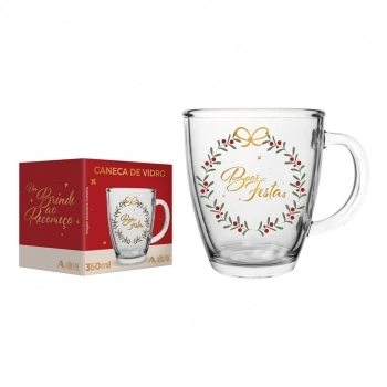 Caneca Cônica de Vidro Natal 350 ml luva com 1 - Boas Festas